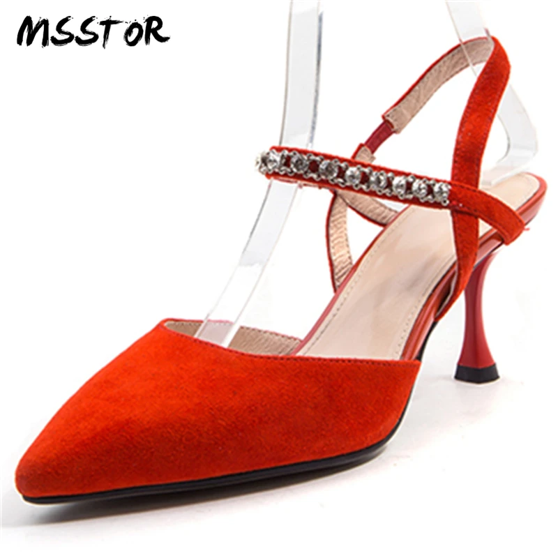 

MSSTOR Crystal Pumps Women Shoes Thin Heels Fashion Red Casual Party Kid Suede Women Shoes 2018 Summer Pointed Toe Women Sandals