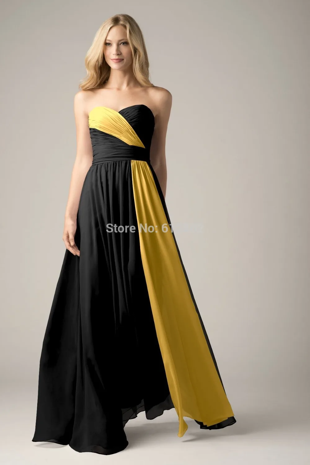 2017 Strapless Pleat Chiffon Black And Yellow Prom Dresses In Prom