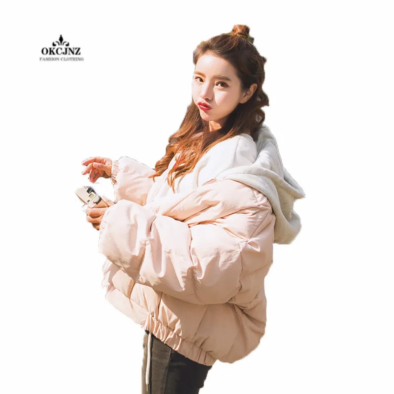 

Korean Version of The New Winter Short Section Coat Female Loose Detachable Hat Fashion Solid Color Warm Cotton Clothing X0322