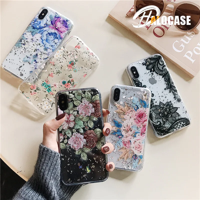 

HALOCASE Lace Flower Epoxy shell Phone case for iPhone 6 6S 7 8 plus cute Soft plastic TPU for iPhone X XS XR XS MAX FUNDA