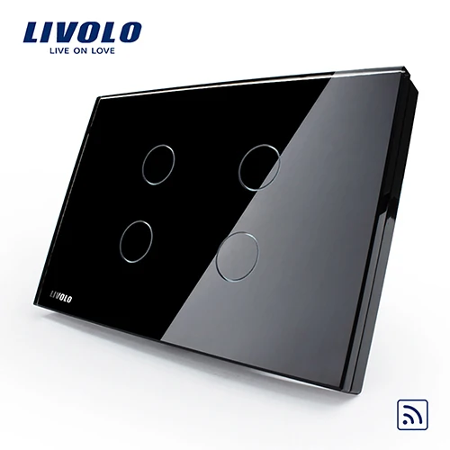 Livolo стандарт США 4 банда настенный светильник сенсорный выключатель дистанционного управления, AC110~ 250 В, кристальная стеклянная панель. C304R-81, без пульта дистанционного управления - Цвет: Black