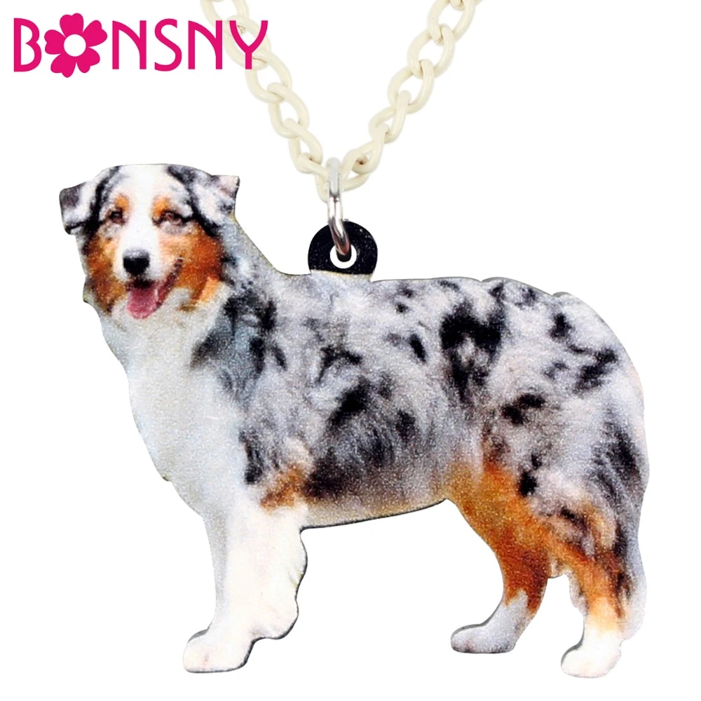 Bonsny アクリルハッピーオーストラリアンシェパード犬ネックレスペンダントゴールドチェーンコリアー動物ペットジュエリー女性のための少女の友人ギフト新 Pendant Necklaces Aliexpress
