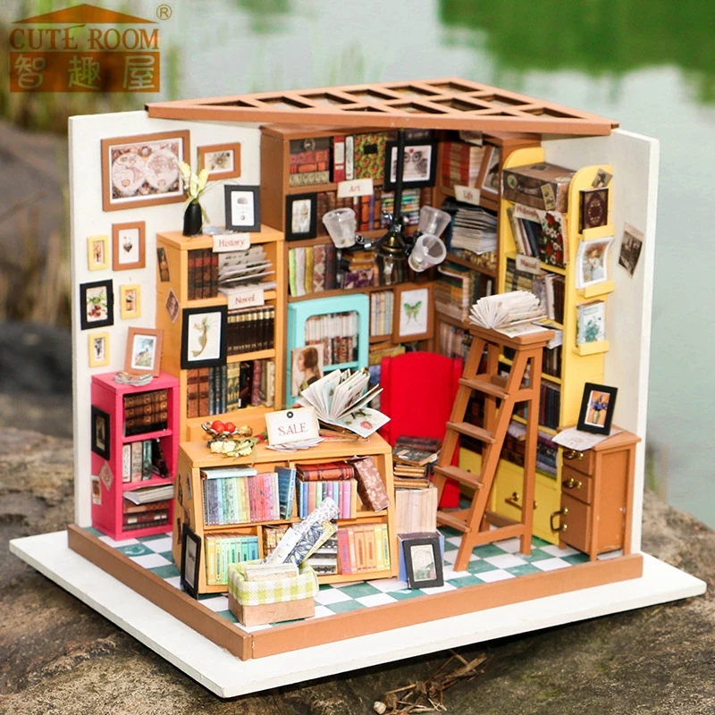 

3d Doll House Puzzle Diy Wooden Decor Collection Wooden Dollhouse Toys Creative Gift Bookstore With Led Light Gifts