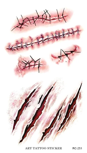 RC2251 New 2015 Waterproof Temporary Tattoo Sticker Halloween Terror Wound Realistic Blood Injury Scar Fake Tattoo Sticker