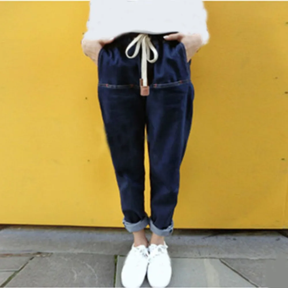 

2019 Spring Women Harem Pants Loose Blue Elastic High Waist Denim Pants Casual Female Full Length Jeans Trousers