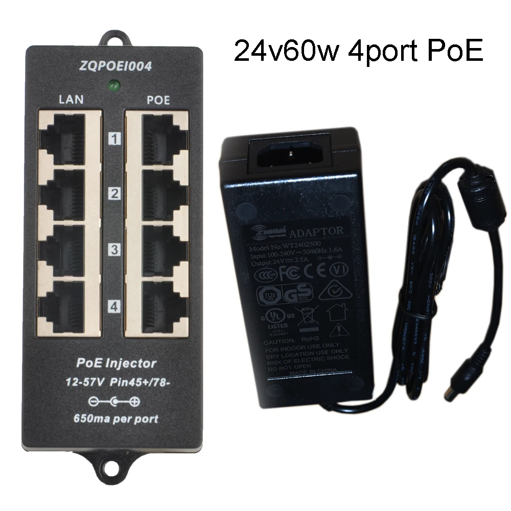 

4 Port PoE Injector for passvie poe Devices with 24v 60w Power Supply: POE-4-24v60w