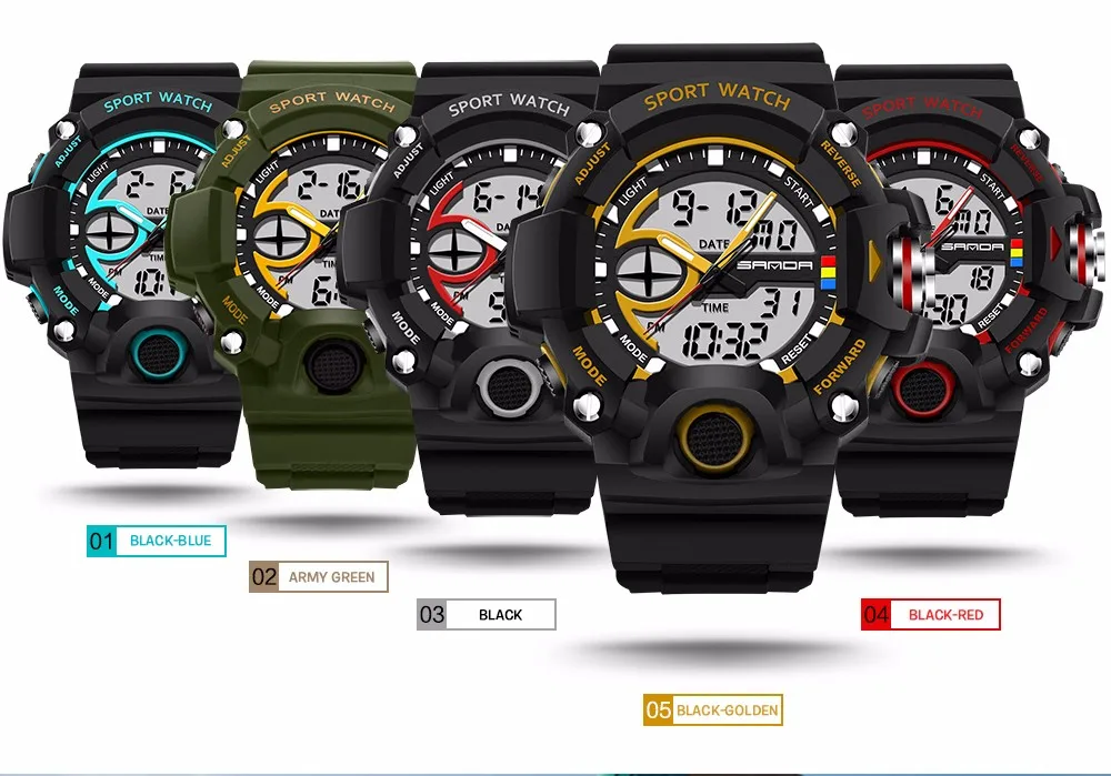 Модный бренд Санда смотреть Для мужчин Цифровые кварцевые двойной Дисплей Спорт Водонепроницаемый светодиодный Военная наручные часы