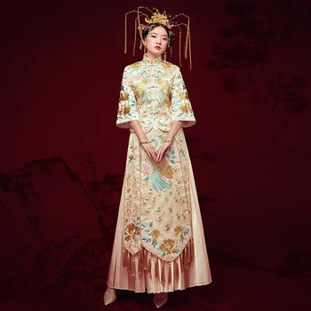

Novelty Embroidery Asian Bridal Dress Champagne Women Peacock Qipao High Quality Royal Marriage Cheongsam Suit Toast Clothes