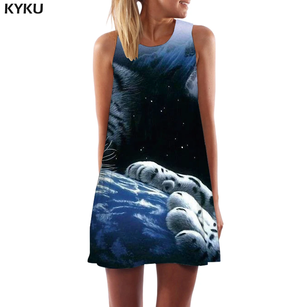

KYKU Brand Tiger Dress Women Galaxy Space Vestido Sexy Animal Boho Earth Korean Style Art Office Womens Clothing Summer Gothic
