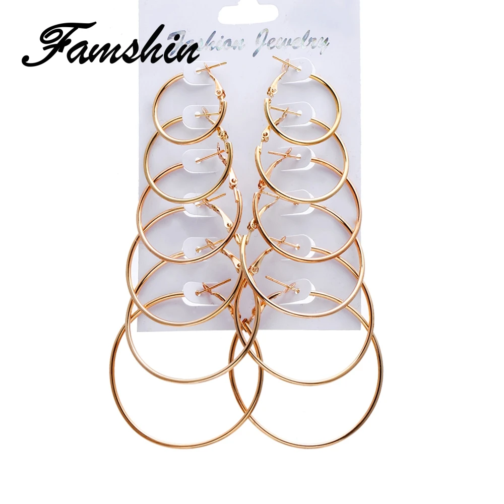 

FAMSHIN 6 Pcs/Set Steampunk Gold Color Big Hoop Earrings Simple Style Earring High Quality Engagement Gift Jewelry Brinco