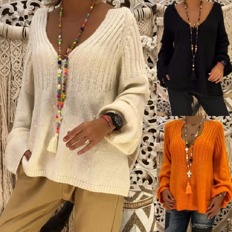 

Spring and Autumn Europe and the United States 2019 new ladies V-neck solid color long-sleeved sweater