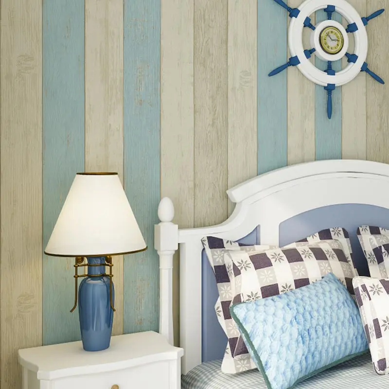 Mediterranean Style Wood Striped Nonwoven Wallpaper Children's Room