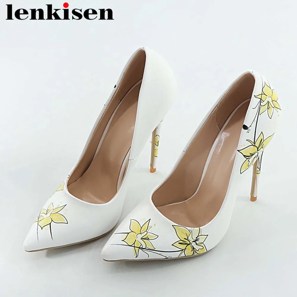 

Lenkisen 2019 newest stiletto super high heels flowers pattern oxford pointed toe slip on plus size fashion show sexy pumps L32