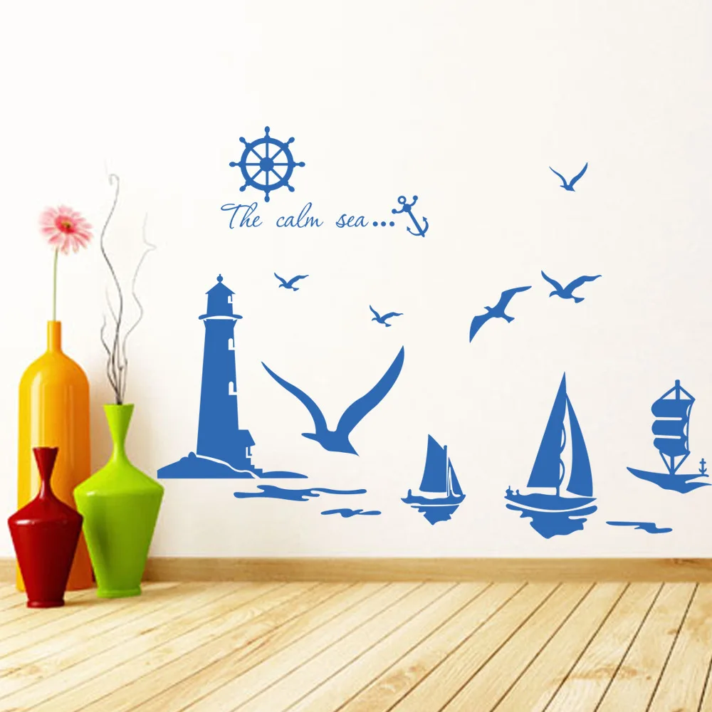 Мода синее море Вояж навигация наклейки на стену парусник морские птицы руль, якорь Декор Обои diy виниловые Съемные наклейки для дома