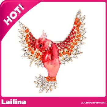 

Women's Austrian Crystal Red Enamel Lovely Bird Brooch Orange w/ Clear Gold-Tone