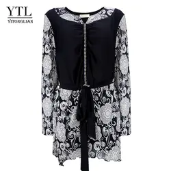 YTL плюс размеры Блузки для малышек офиса для женщин Цветочный Лоскутная Ткань туника с длинным рукавом Топ Diamond блузка и рубашка поясом 8XL H064