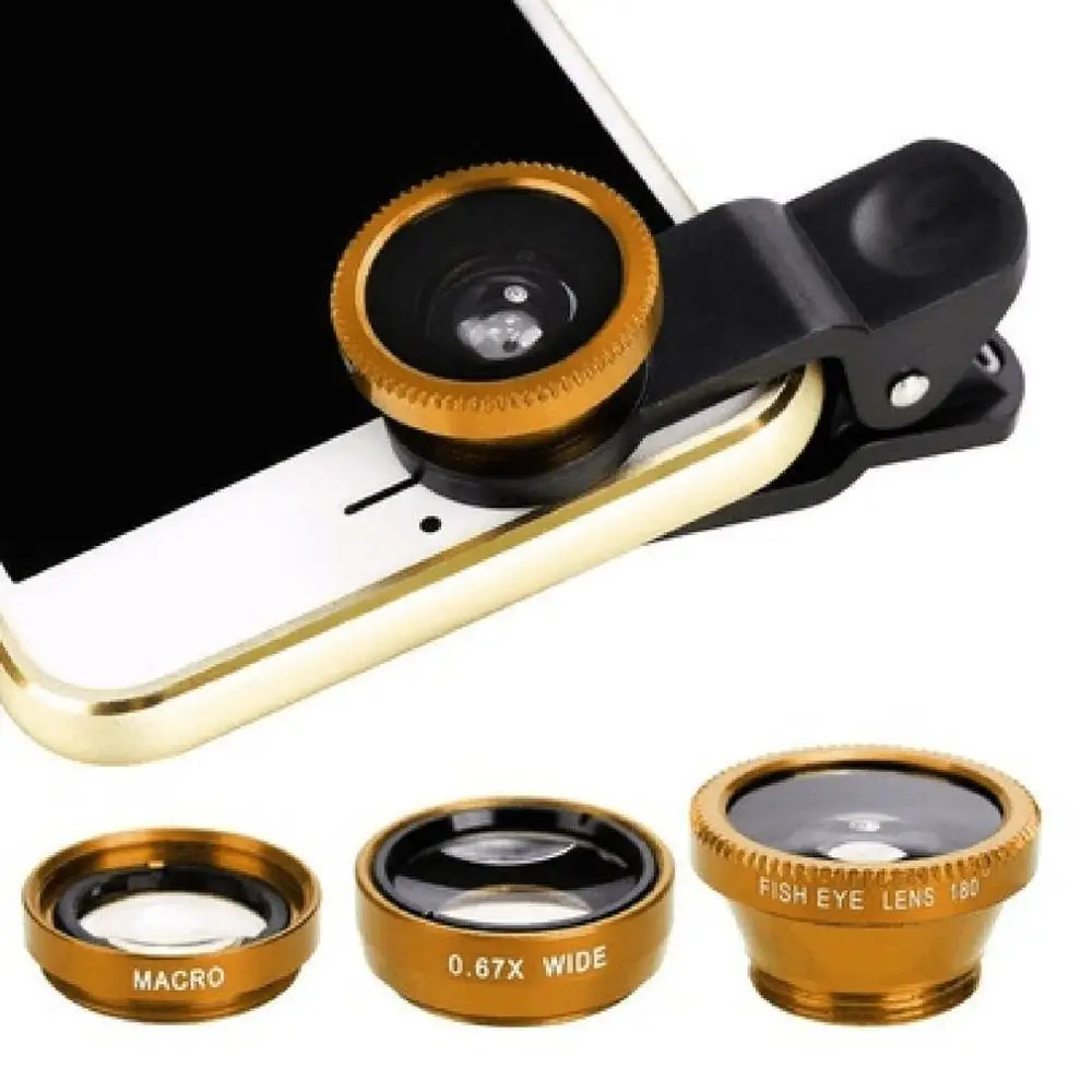 3-в-1 Широкий формат макро объектив "рыбий глаз" Камера Наборы мобильный телефон рыбий глазные линзы с зажимом 0.67x для iPhone samsung сотовые телефоны - Цвет: Gold