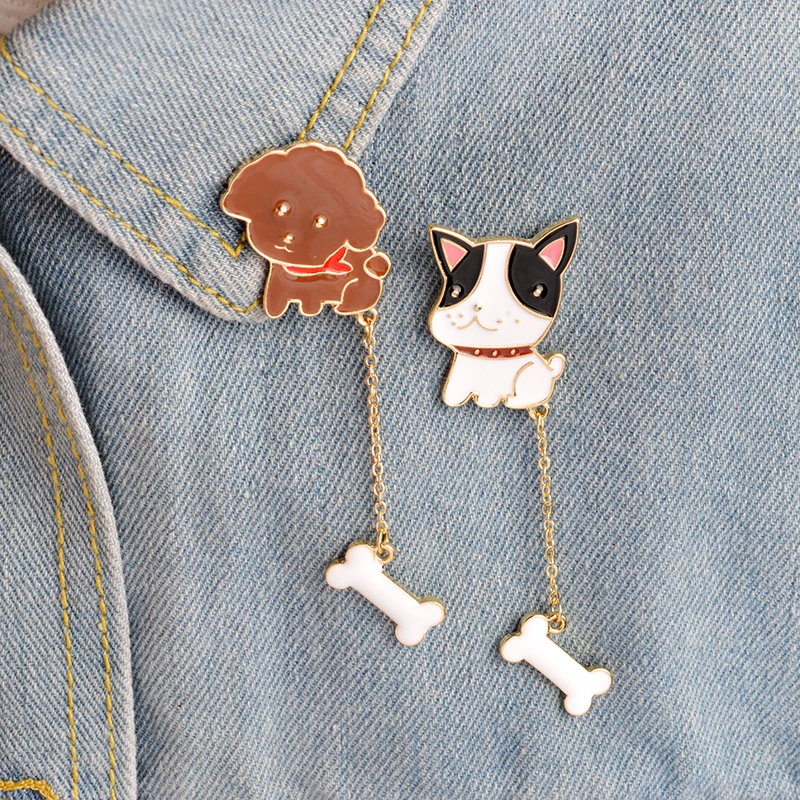 2pcs Cartoon Dog Poodle French Bulldog Bone Chian Brooch Button Pin Coat Jacket Bag Hat Pins