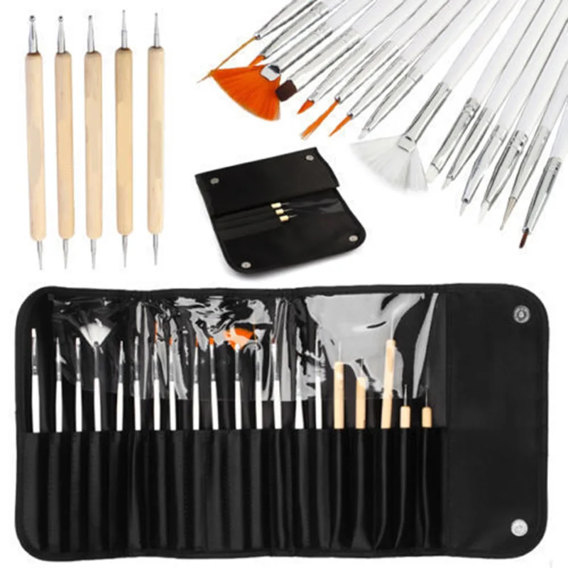

20pcs Nail Art Brush UV Gel Polish Acrylic Design Tips Painting Dotting Builder Fan Line Pen Tools Pro Kit Set Manicure Bag New
