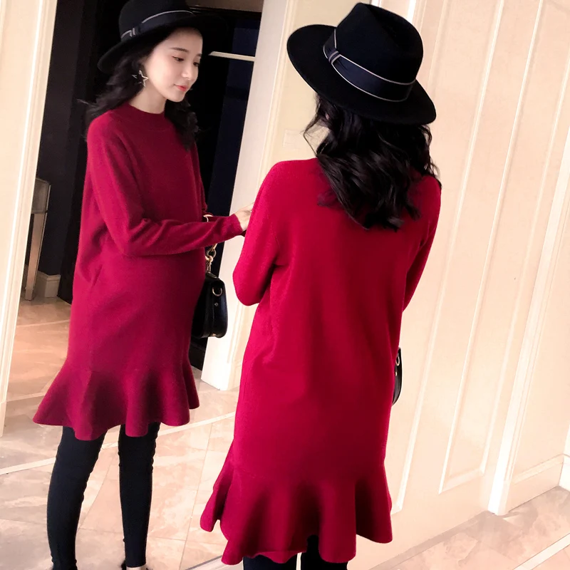 

Maternity Clothes Fall Pregnant Women Sweater Knitting Dress Autumn Winter Knitted Female Loose Warm Pullover Cute Lady Dresses