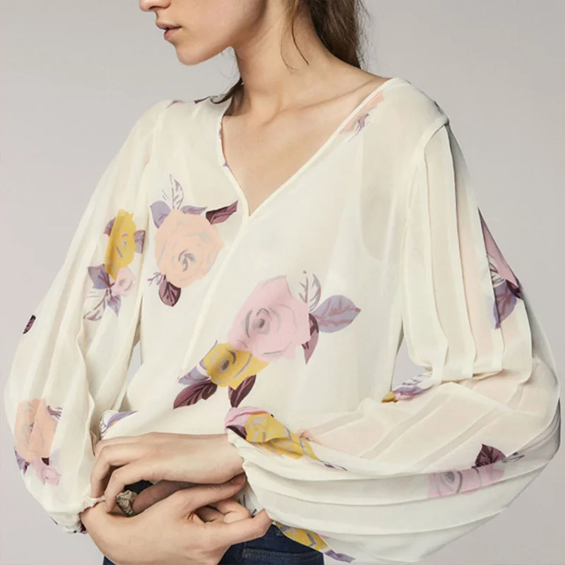 

2018 Women'S Blouse Floral Print V Neck Lantern Sleeve Casual Tops Female Chiffon Back Lace-Up Women Tee Shirt