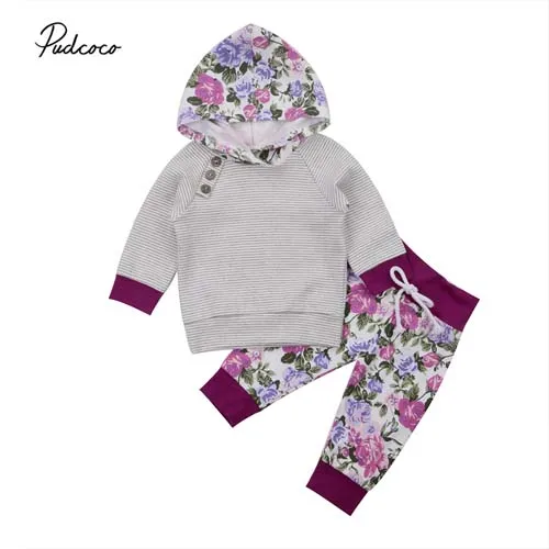Pudcoco 2018 Newborn Baby Boy Girl Clothes Set Purple Floral Hoodie Stripe Button Tops+Pants 2pc Gift Beauty Autumn Outfit 0-24M | Детская