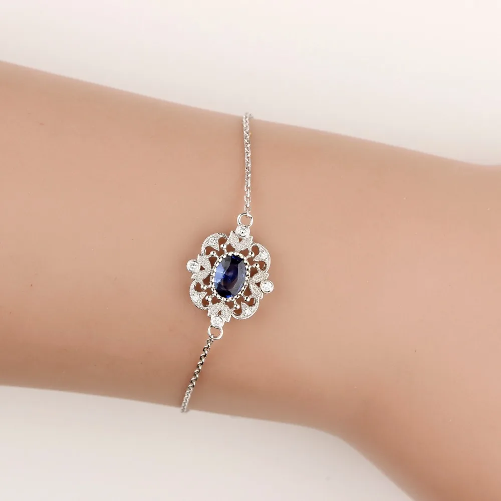LASAMERO 0.75CT роскошный винтажный сапфировый драгоценный камень овальной формы браслет с натуральным бриллиантом 18 K Белое Золото Половина Алмазный диск браслет
