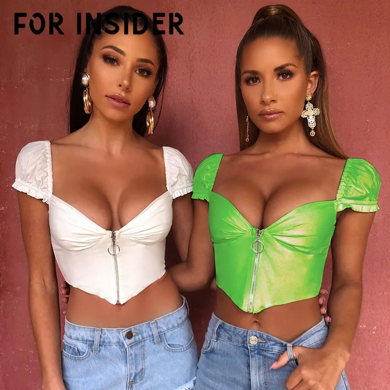 

For Insider Puff sleeve fluorescence sexy crop top Women ruffle zipper neon green camis top Female party white summer tank top