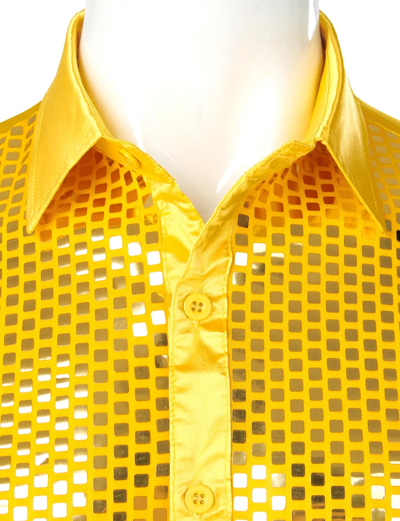 Kopen Mannen Luxe Pailletten Jurk Shirts Lange Mouwen Zijde Satijn Glanzend Disco Party Shirt Mannen Chemise Stage Dance Nachtclub Prom kostuum