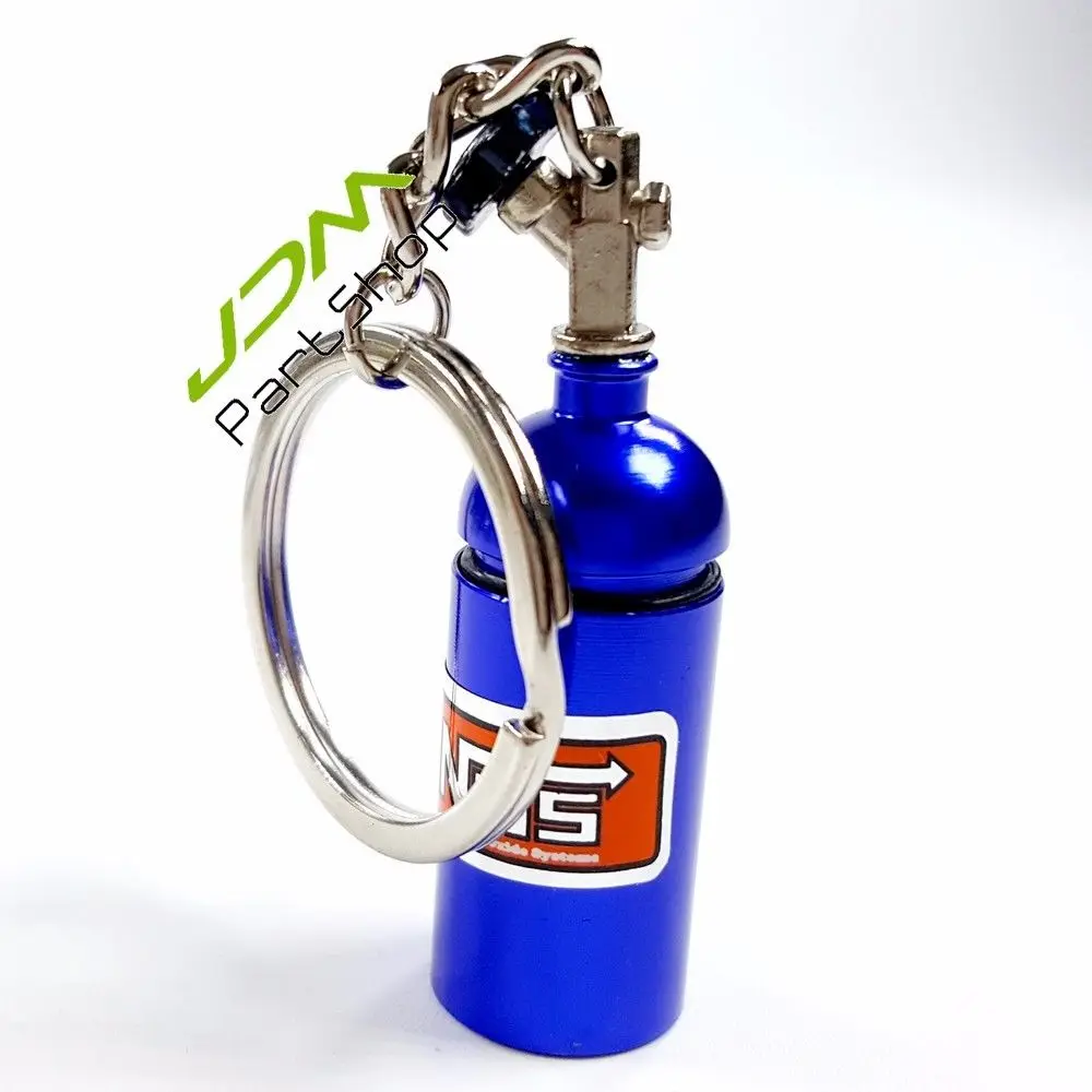 

Mini NOS Nitrous Oxide Bottle Key Chain Keychain Keyring Stash Pill Box Storage Turbo Blue Color