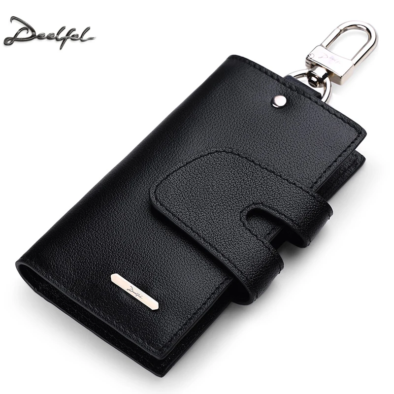 

DEELFEL Genuine Leather Car Key Wallets Men Mini Wallet Card Holder Zipper Keys Case Women Keychain Covers Coin Purse
