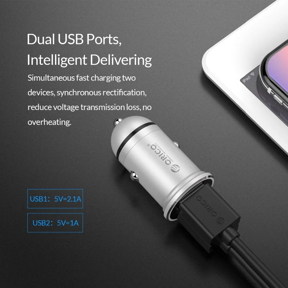 ORICO мини USB Автомобильное зарядное устройство для Xiaomi samsung S8 iPhone X 8 Plus планшет gps Универсальный двойной USB Автомобильное зарядное устройство умный заряд