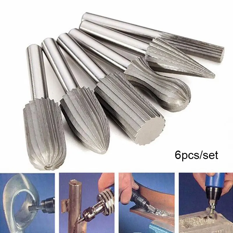 TORO 6PCs 6mm Shank Tungsten Steel Rotary File Cutter Engraving Grinding Bit for Rotary Tools