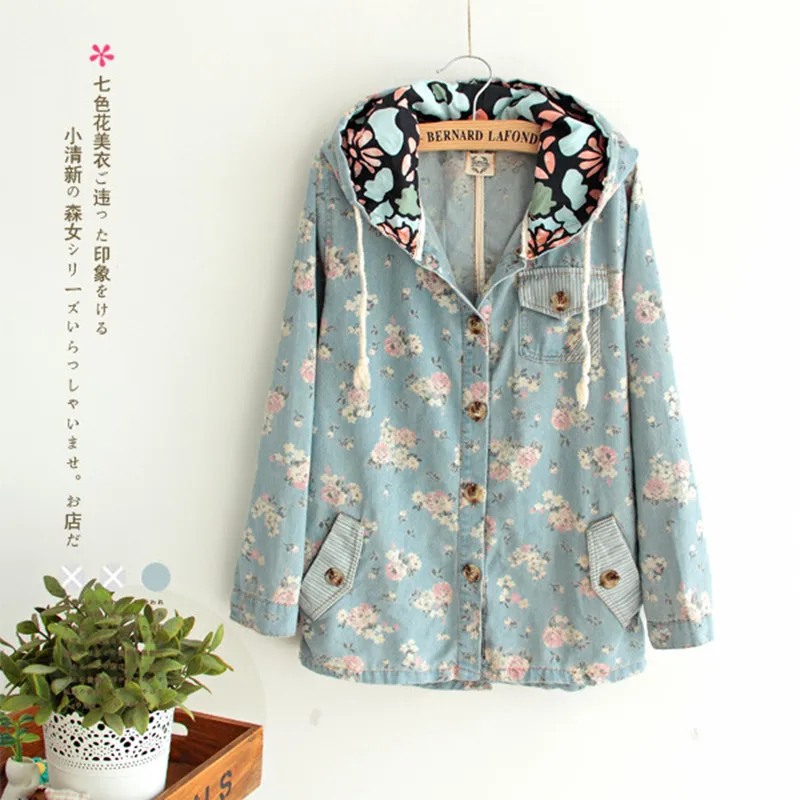 New 2016 Women Long Sleeve Hooded Floral Print Jacket Coat Pocket
