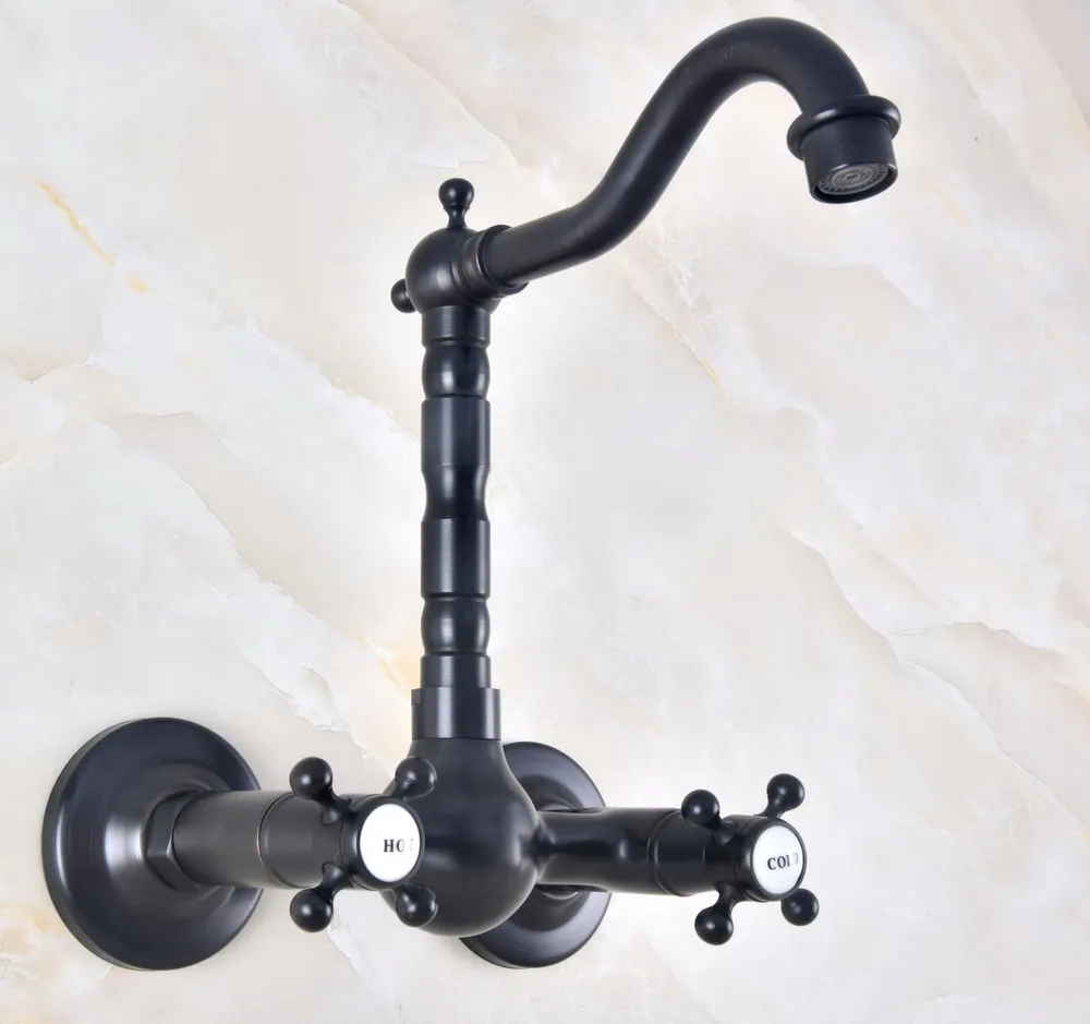 Black Oil Rubbed Bronze Brass Two Cross Handles Wall Mount Swivel Spout Kitchen & Bathroom Basin Sink Faucet Mixer Tap anf469