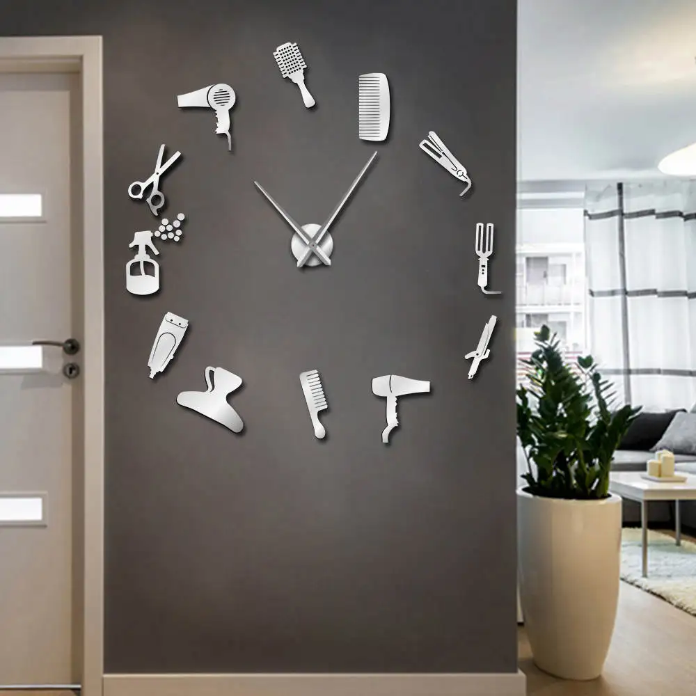 Online Barber Shop Haar Werkzeuge Übergroßen DIY Wanduhr Rahmenlose Haar Salon Großen Zeit Uhr Mode Friseur Benutzer definiert Zimmer decor