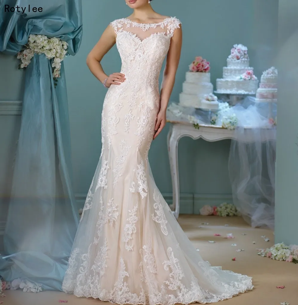 

Vestido de noiva Tulle Fabric with Lace Appliques Vintage Mermaid Wedding Dresses Sweep Train Bride Dress