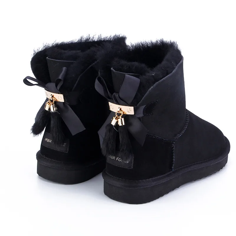 MBR FOORC/женские короткие зимние ботинки из овечьей кожи и шерсти с меховой подкладкой; зимние ботинки из замши с бантом и мехом норки; зимняя обувь с кисточками - Цвет: Black