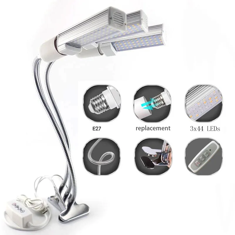 Skup Pełne spektrum 3 głowy doprowadziły rosną światła wzrostu Phyto lampa rosnące światła pokojowe rośliny nasiona cieplarnianych rośnie USB zegar klip pokój