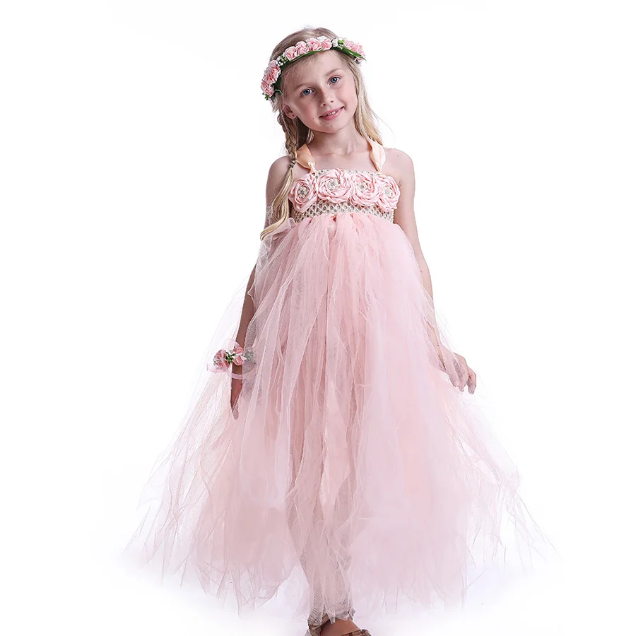 Girls Princess Peach Flowers Tutu Dress Children Summer Fancy Ankle Length (1)