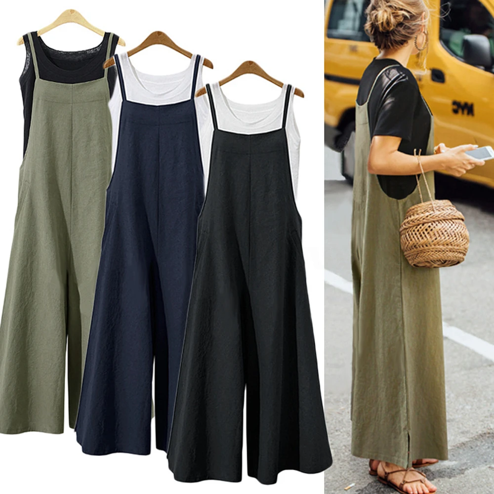 S-5XL 2018 été femmes à bretelles solide comfortable large jambe combinaisons décontracté lâche salopette salopette coton lin barboteuses