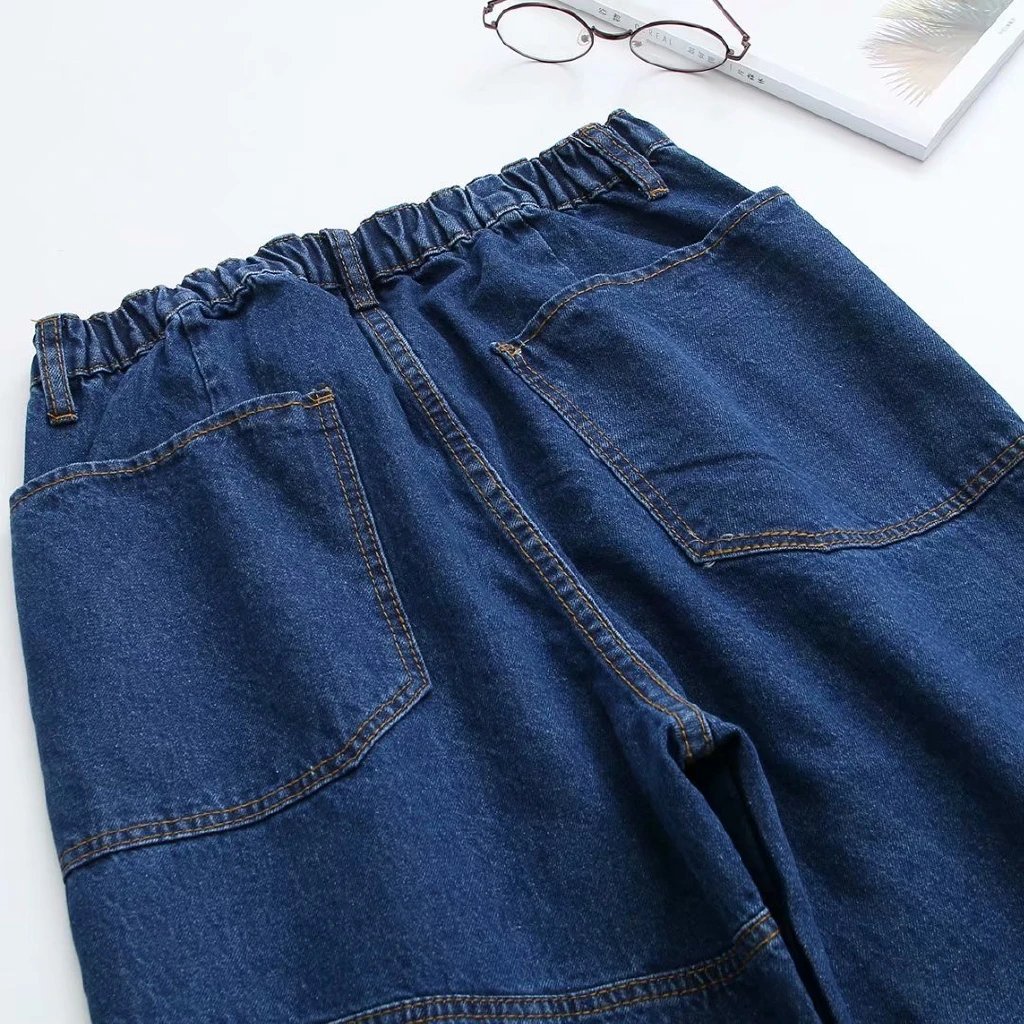 Женские джинсы размера плюс, повседневные свободные длинные синие джинсы