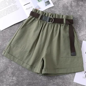 

Women Cotton Elastic High Waist Casual Shorts Fashion Solid Sashes Summer Shorts Loose Wide Leg Shorts
