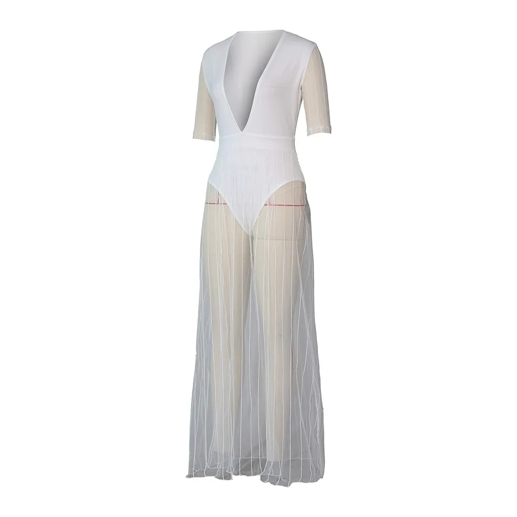 Womail Half Sleeve Women Dresses Bohemian Solid Color Deep V-neck Mesh Fashion Sexy Legless New Dress For Ladies vestido JUNE21