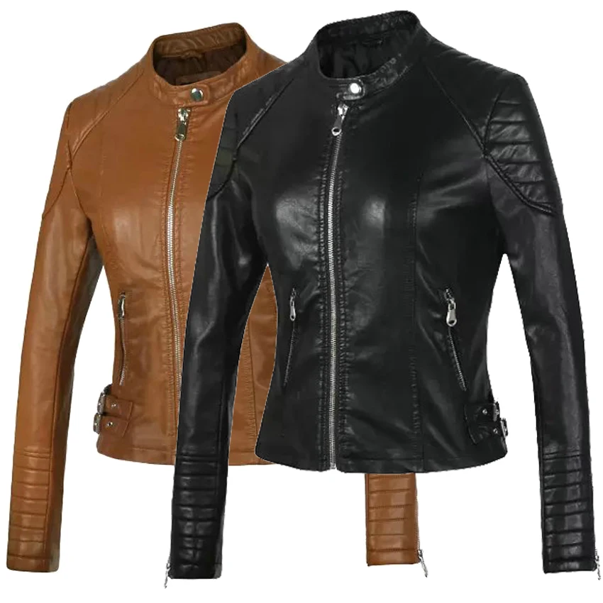 Брендовая мотоциклетная куртка из искусственной кожи для женщин, зимняя и осенняя Новая модная куртка коричневого цвета на молнии, верхняя одежда, куртка, пальто