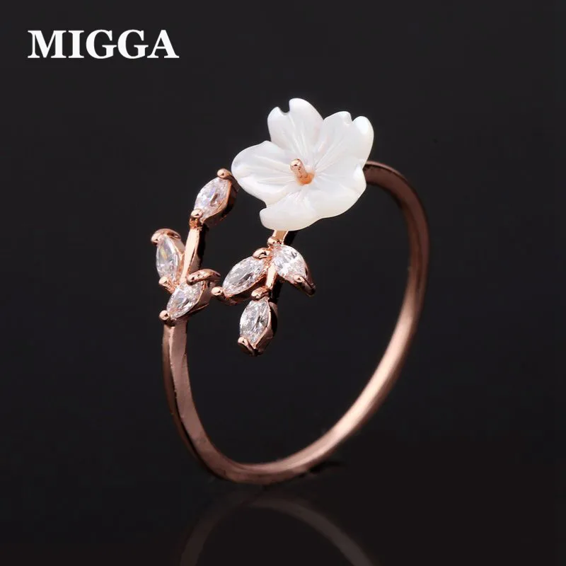 MIGGA Delicate Zircon Crystal Leaf Shell Flower Ring for Women Ladies Girls Rose Gold Color Finger Bague