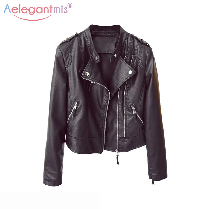 

Aelegantmis Autumn Winter Short Soft Faux Leather Jacket Women Black Pu Leather Motorcycle Jacket Ladies Biker Jacket Outerwear