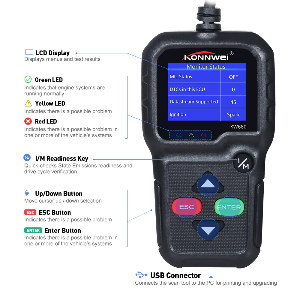 Konnwei KW680 считыватель кодов многоязычный сканер полная функция obd2 кВт 680 на русском
