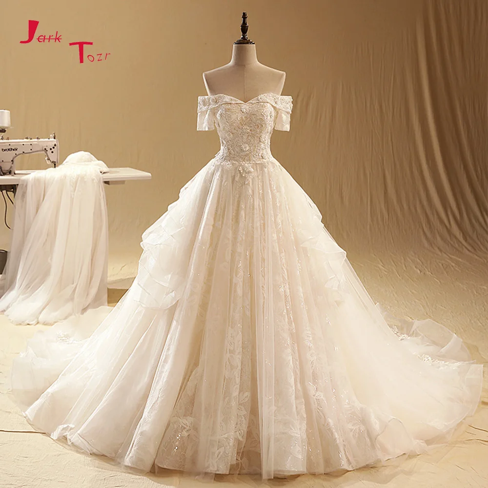 

Jark Tozr Off The Shoulder Short Sleeve Pearls Appliques Lace Ball Gown Wedding Dress Plus Size Vestido De Noiva Renda 2019