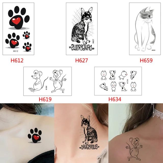082 106 Cm Glaryyears 5 Piècesensemble Noir Animal Temporaire Tatouage Autocollant Chat Chien Loup Corps Maquillage Eau Tramsfer Petit Tatouage
